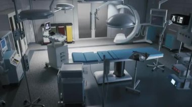 Ameliyathanede insan teşhisi için modern tıbbi robot. Robotik tıp. 3D monitörlü boş steril ameliyathane veya laboratuvar