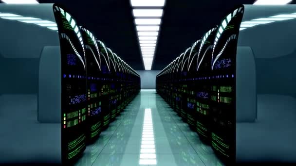 サーバーを閉じるアニメーション3DネットワークサーバーデータCpuサーバーユニット多くのハードドライブの概念ハッキング情報センターとルームサーバーラック — ストック動画