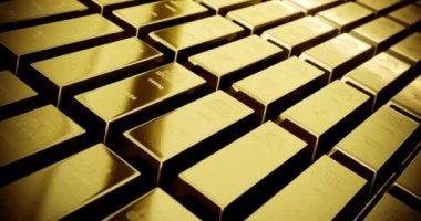 Altın külçelerinin yakın plan çekimi 1000 gram, 3D hareket döngüsü kavramları iş ve finans alanında başarıya işaret ediyor. altın çubuk