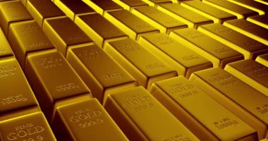 Gerçekçi altın çubukların üzerinde parlak yansımalarla hareket eden kamera. Altın yığını Kusursuz Döndürülebilir 3D animasyon.