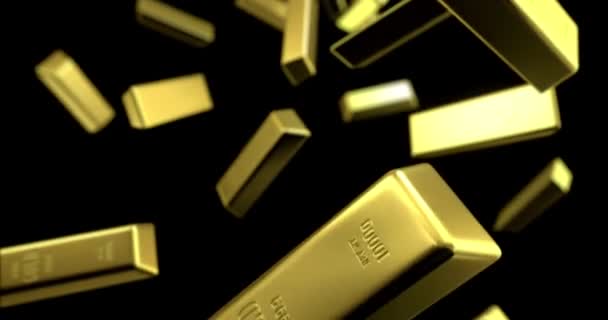 金の棒のコレクションは黒の背景3D 4Kで黄金のブロックに落ちました — ストック動画