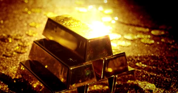 Close Vista Ouro Fino Bar Pilhas Luxo Metal Brilhante Fundo — Vídeo de Stock