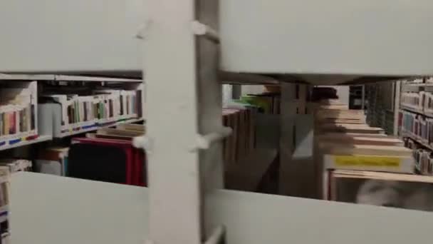 Bibliotek Med Många Hyllor Och Böcker Gamla Klassiska Kunskapspanorama Inredningsarkiv — Stockvideo