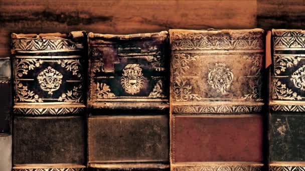 Vecchi Libri Con Una Lussuosa Copertina Pelle Rilegatura Storia Biblioteca — Video Stock