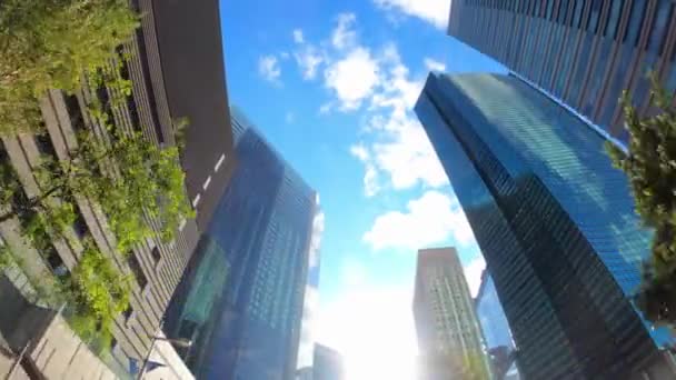 Rascacielos Desde Abajo Edificios Corporativos Bajo Cielo Azul Vista Ángulo — Vídeo de stock