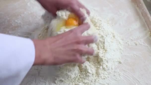 Hands Kneading Ball Dough White Flour Powder Covered Table Concept — Stock Video