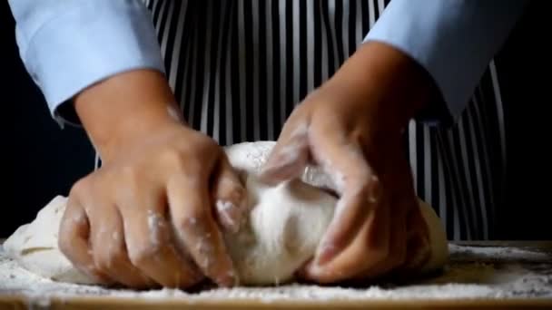 Close Chef Hands Baker Preparing Bread Dough Kneading Raw Dough — Stock Video