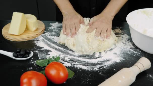 Hands Kneading Ball Dough White Flour Powder Covered Table Concept — Stock Video