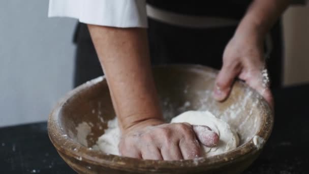 Bakery Hands Kneading Dough Homemade Bread Baking Closeup Pastries Background — Stok Video