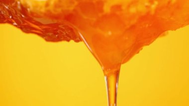 Sarı arka planda izole edilmiş bal akışı. Koyu arkaplandan damlayan sıvı bal, akan şurup. Sağlıklı gıda diyeti HD