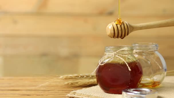 Close Honey Dipper Jar Raw Honey Bee Comb Natural Fresh — Stok Video
