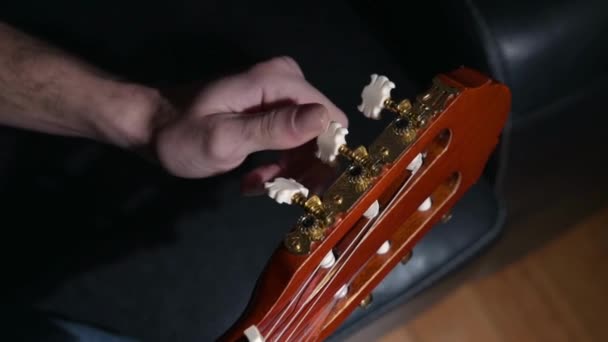 Крупним Планом Налаштування Пальця Гітарі Установка Кілочків Перлів Басових Тюнерів — стокове відео