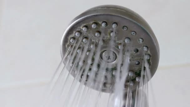 Zbliżenie Woda Krople Głowicy Prysznicowej Wylewa Się Prysznice Łazienka Materiał — Wideo stockowe