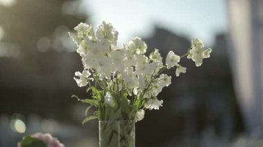 Düğün masasında beyaz çiçekler. Restoran salonundaki düğün süsleri. Törenler ve Düğünler. Nilüfer çiçeği arkaplanının içi