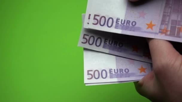 Cash Euro Tellen Met Hand Groene Achtergrond — Stockvideo