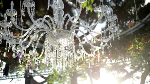 結婚式のインテリアデザインのコンセプトのニュアンスは ダイニングテーブルのためのビデオ装飾ランプと花 — ストック動画
