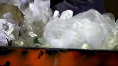 Bir atık işleme tesisinde geri dönüşüm için plastik ambalaj şişeleri diziliyor