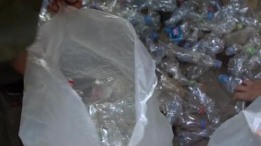 Bir atık işleme tesisinde geri dönüşüm için plastik ambalaj şişeleri diziliyor