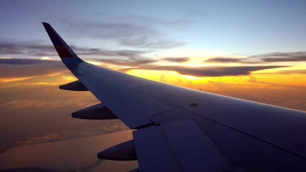Beautiful View Airplane Wings Panoramic View Reddish Evening Clouds Travel — Stock Video