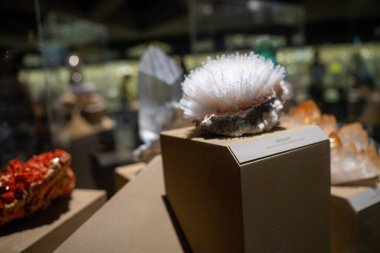 Güzel beyaz, kahverengi ve beyaz kristallerin bir bardak suyla yakın görüntüsü.