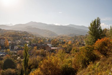 Arka planda ağaçlar ve dağ olan sonbahar manzarası