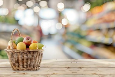 Alış veriş sepetindeki yiyecekler ahşap masada arka planda bulanık süpermarket ile panoramik afiş --ar 3: 2 -- style ham iş ID: ab4bc6af-5e58-4258-b14b-4750db123e11