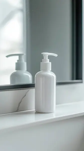 stock image White plastic bottle of cosmetic product on white table in modern bathroom