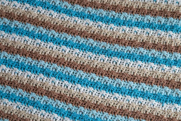 Close Grandma Crocheted Knitted Blue Tan Brown White Striped Blanket — Stock Photo, Image