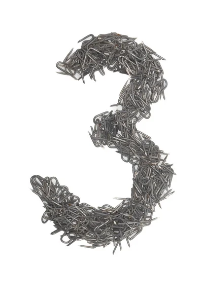 Artistic Number Three Made Steel Staples Isolated White Background Numeric — Stock Photo, Image