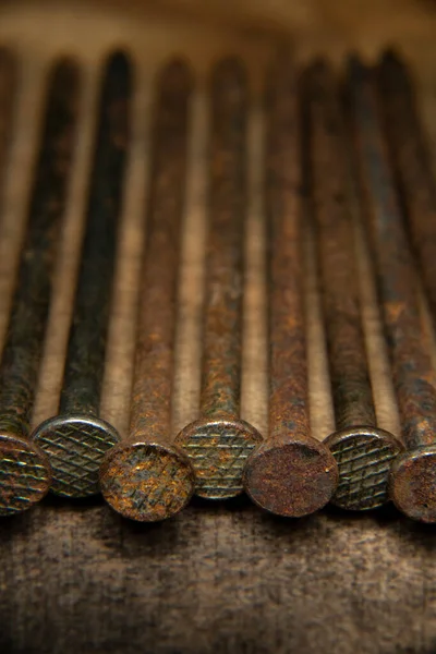 old rusty, 16 penny nail heads, line of heavy penny nails for construction and carpentry, building, creating, antique, old, grandfathers building tools, wood and nail background