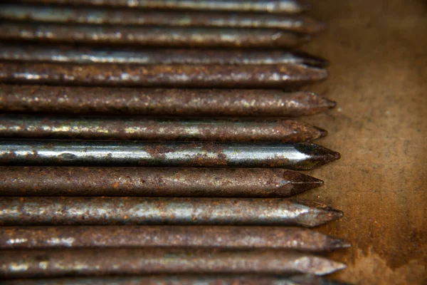 Old Rusty Penny Nails Line Sharp Heavy Penny Nail Points — Stock Photo, Image