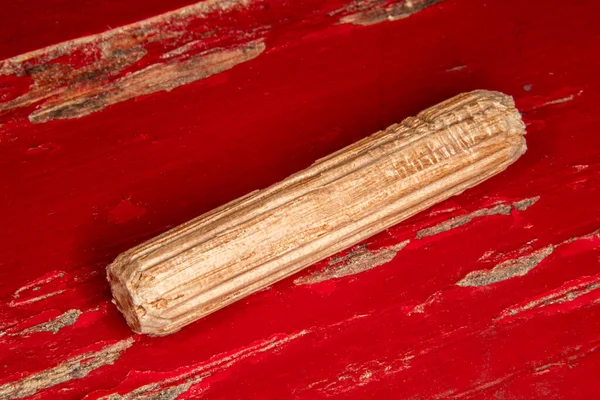 单根橡木圆针 涂在红色的红色底座上 用来连接两块木头 细木工 — 图库照片