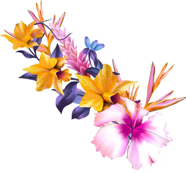 Tropical Flower Bouquet. In this enchanting illustration, the beauty of tropical orchid flowers is brought to life with a mesmerizing hand-painted brush effect.