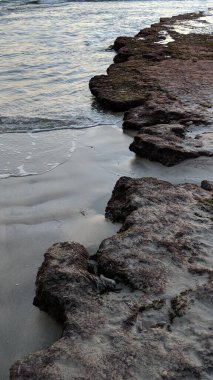 Güney Kaliforniya plajları, günbatımları, dalgalar, sörfçüler, gelgit havuzları, bulutlar ve palmiye ağaçları ve San Diego 'nun 25 mil kuzeyinde yer alan Encinitas Kayalık Sörf Parkı' ndaki plaj kayaları soyutlamaları..