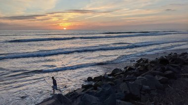 Günbatımları, sörfçüler, gelgit havuzları, palmiye ağaçları, kaya heykelleri ve Kaliforniya 'daki Cardiff Sörf Parkı Encinitas' taki Güney Kaliforniya sahneleri..