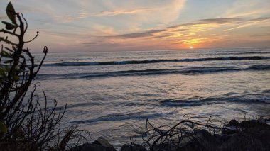 Güney Kaliforniya plajları, günbatımları, dalgalar, sörfçüler, gelgit havuzları, bulutlar ve palmiye ağaçları Cardiff 'te Encinitas Kaliforniya' nın 25 mil kuzeyinde yer alan Encinitas Denizi kıyısında.