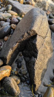 Swamis Sahili 'nin soğuk erimiş kayaları. 50 yıl önce, Swamis Resif Parkı Encinitas 'taki Swamis Sörf Parkı Encinitas' ta sörf yapan kayalar tarafından çevrelenmiş eski nehir kayalarıyla çevrelenmiş erozyon kontrol kayaları..