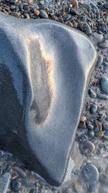 Swamis Sahili 'nin erimiş kayalıkları. 50 yıl önce kıyıya bırakılan erozyon kontrol taşı taş ocakları Swamis Resif Sörf Parkı Encinitas California 'daki dalgaların karışımında antik nehir kayalarıyla çevrili güzel heykellere benzeyen pürüzsüz bir şekilde yıprandı..