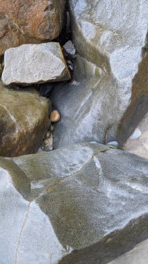 Swamis Sahili 'nin soğuk erimiş kayaları. 50 yıl önce, Swamis Resif Parkı Encinitas 'taki Swamis Sörf Parkı Encinitas' ta sörf yapan kayalar tarafından çevrelenmiş eski nehir kayalarıyla çevrelenmiş erozyon kontrol kayaları..