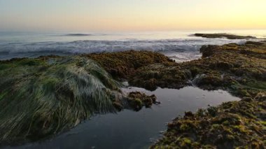 Günbatımında Güney Kaliforniya sahillerinde, eski resif gelgitleri, okyanus dalgaları ve karanlık gökyüzü Swamis Resif Parkı Encinitas California 'da..