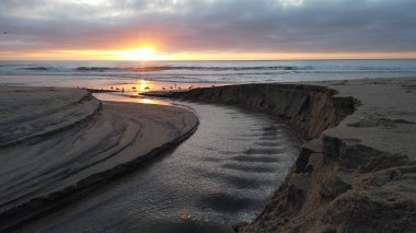 Güney Kaliforniya plaj sahneleri - Encinitas California 'daki Moonlight Sahili' nde günbatımları, sörfçüler, gelgit havuzları, martılar, dalgalar, kayalar, kum ve palmiye ağaçları.