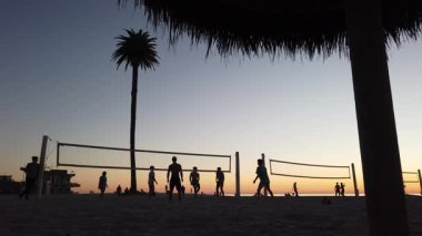 San Diego yakınlarındaki Güney Kaliforniya plaj sahneleri - Günbatımı ve martılar, sörfçüler, voleybol siluetleri, gelgit havuzları, dalgalar, kayalar, kumsallar ve Encinitas California 'daki Moonlight Sahili' ndeki palmiye ağaçları.