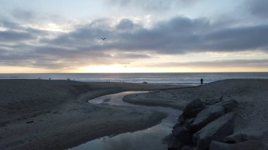 Güney Kaliforniya sahili siluetleri, sörfçüler, gelgit havuzları ve palmiye ağaçları Swamis Kayalık Sörf Parkı, Ay ışığı ve Encinitas California 'daki Cardiff plajları.