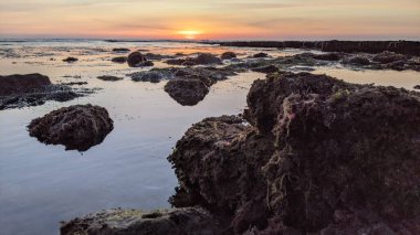Güney Kaliforniya 'da, San Diego' nun kuzeyinde dalgalar alçak. Sahil şeridi günbatımları, okyanus dalgaları, sörfçüler, gelgit havuzları, palmiye ağaçları ve Encinitas California 'daki Swamis Resif Sörf Parkı' ndaki kaya soyutlamaları..