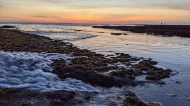 Güney Kaliforniya 'da, San Diego' nun kuzeyinde dalgalar alçak. Sahil şeridi günbatımları, okyanus dalgaları, sörfçüler, gelgit havuzları, palmiye ağaçları ve Encinitas California 'daki Swamis Resif Sörf Parkı' ndaki kaya soyutlamaları..
