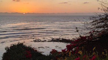 San Diego yakınlarındaki Güney Kaliforniya plaj sahneleri - Encinitas California 'daki Swamis Resif Sörf Parkı' nda günbatımı, sörfçüler, gelgit havuzları, dalgalar, kayalar, kum ve palmiye ağaçları.