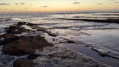 Güney Kaliforniya plajları, gün batımları, sörfçüler, gelgit havuzları ve palmiye ağaçları Encinitas California 'daki Swamis Resif Sörf Parkı' nda.