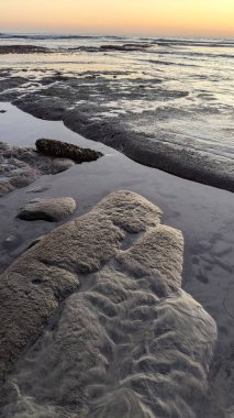 San Diego 'nun kuzeyinde Güney Kaliforniya sahilleri - Encinitas Kaliforniya' daki Swamis Resif Sörf Parkı 'nda günbatımı, sörfçüler, gelgit havuzları, dalgalar, kayalar, kum ve palmiye ağaçları.