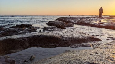 Günbatımları, sörfçüler, gelgit havuzları, palmiye ağaçları ve Swamis Resif Parkı Encinitas California sahilindeki doğal yontulmuş plaj kayaları olan Güney Kaliforniya sahili manzarası..