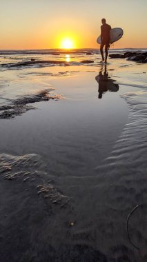 Günbatımları, sörfçüler, gelgit havuzları, palmiye ağaçları ve Swamis Resif Parkı Encinitas California sahilindeki doğal yontulmuş plaj kayaları olan Güney Kaliforniya sahili manzarası..